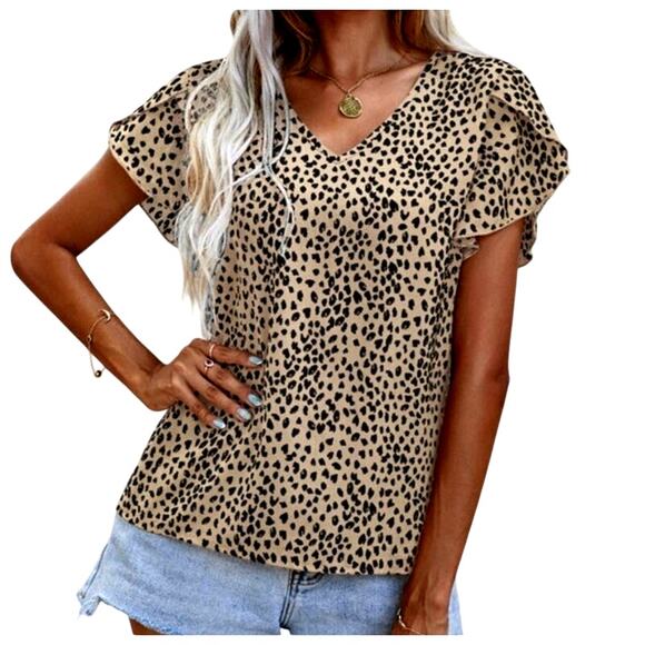 Shein Women's Small Tan Black Leopard V-Neck Petal Short Sleeve Top - Picture 5 of 6